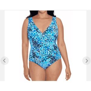 Longitude Blue Abstract Print Surplice One Piece Swimsuit Size 14